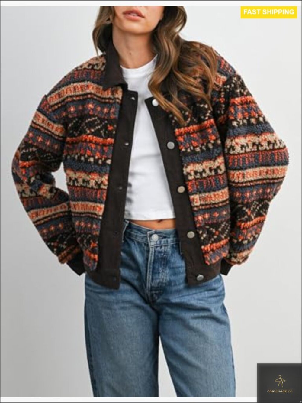 Floral Sherpa Jacket Open Front Denim Collar Oversized Fleece Outerwear Pockets - Picture 2 of 7